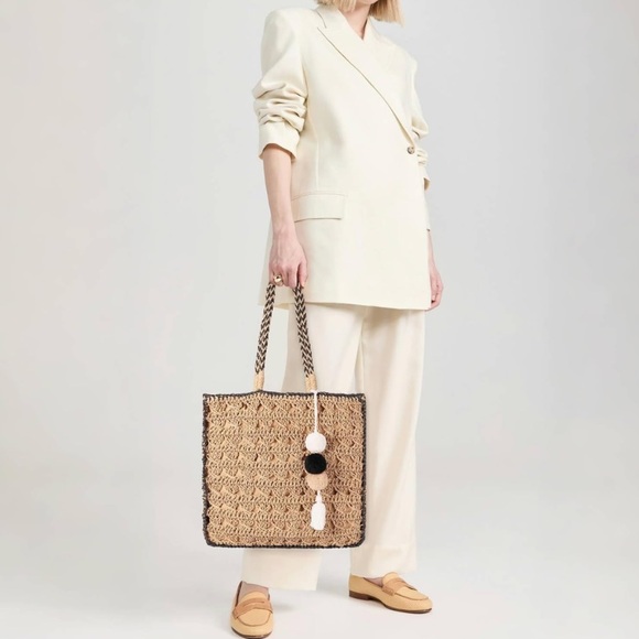 Woven Straw Tote with Pom Pom tassel - Picture 3 of 9